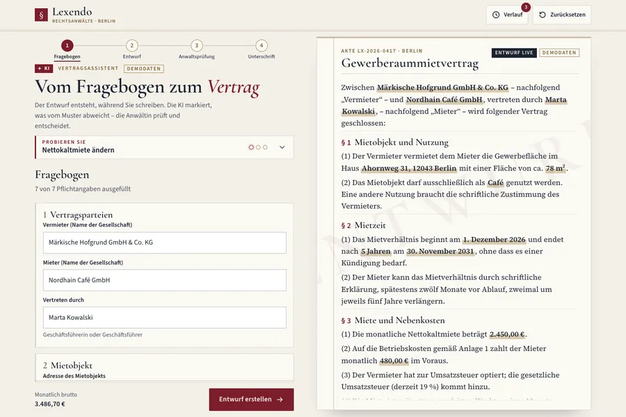 Fragebogen → Entwurf, KI markiert Ungewöhnliches → Anwalt