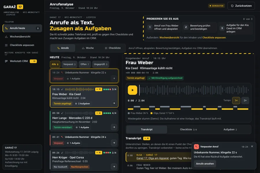 Call → AI transcript, checklist and tasks in CRM
