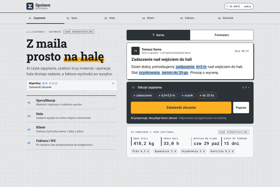 Richiesta da e-mail → analisi dell’IA, ordine di produzione e fattura
